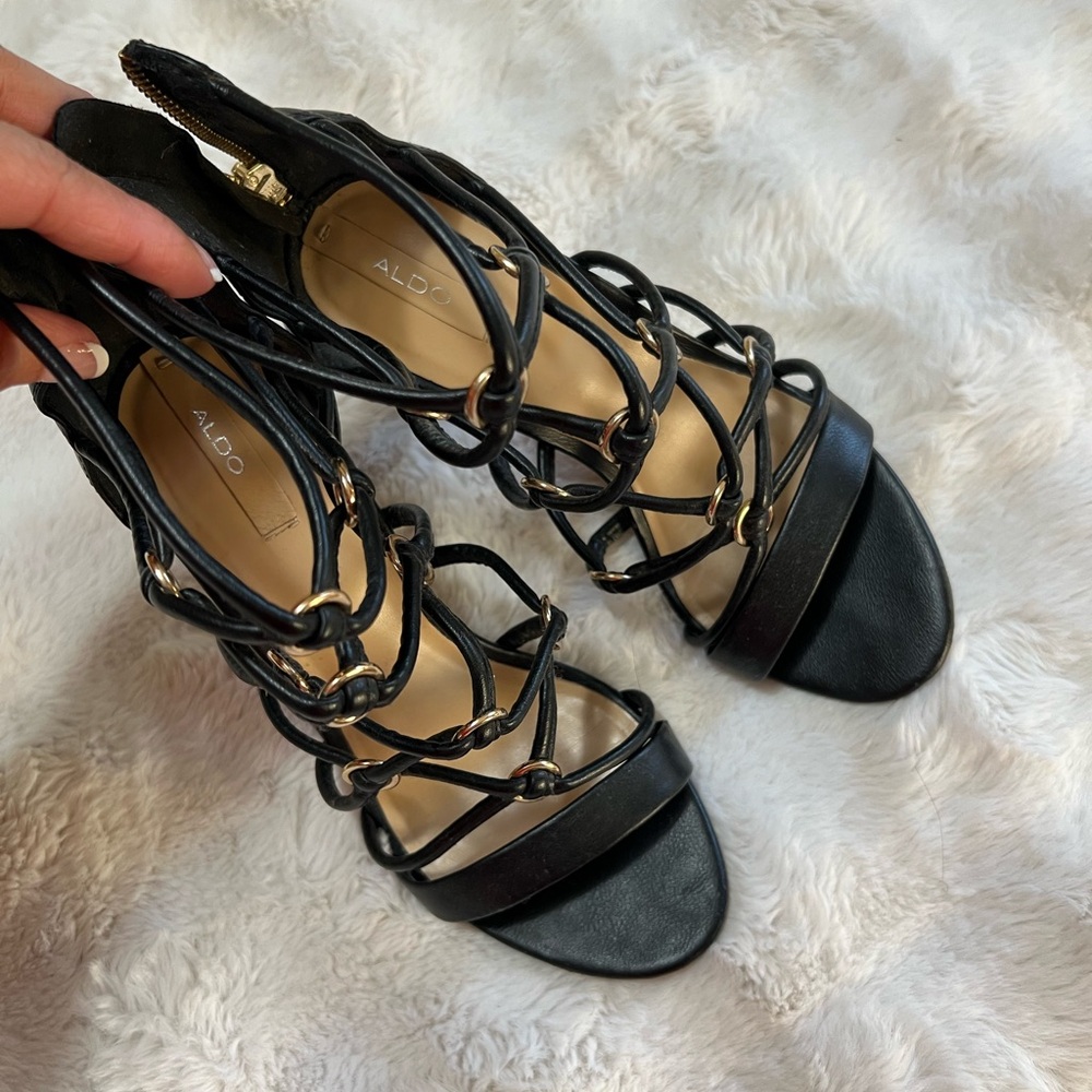 Aldo Black and Gold Strappy Heels